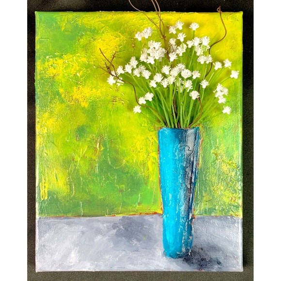 Original Art Floral Mixed Media Acrylic Painting Green Teal White Tall Vase - Picture 2 of 7